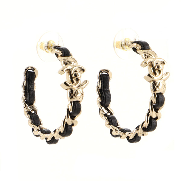 CHANEL CC Chain Hoops, Metal Leather Gold Earrings - Bellisa