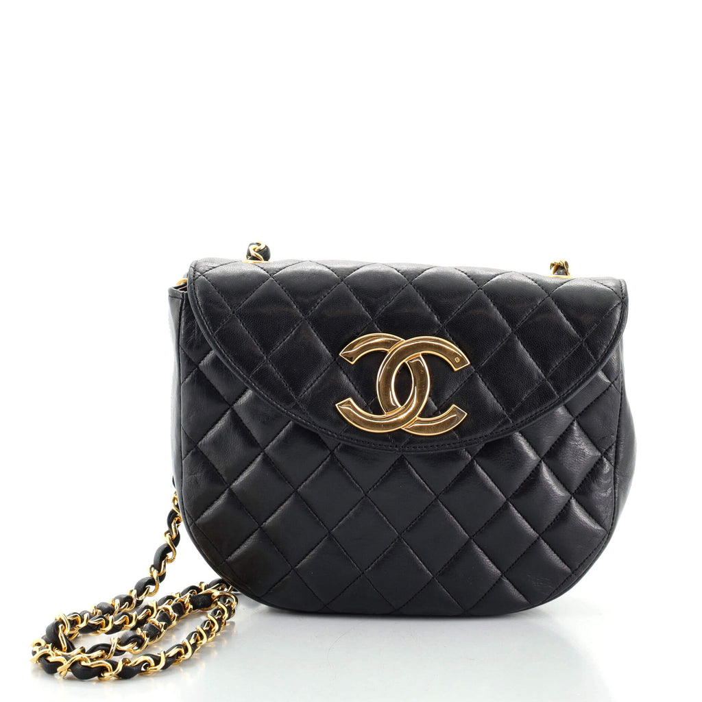 Chanel Vintage Round CC Chain Crossbody Bag Quilted Lambskin Small Black  114722230