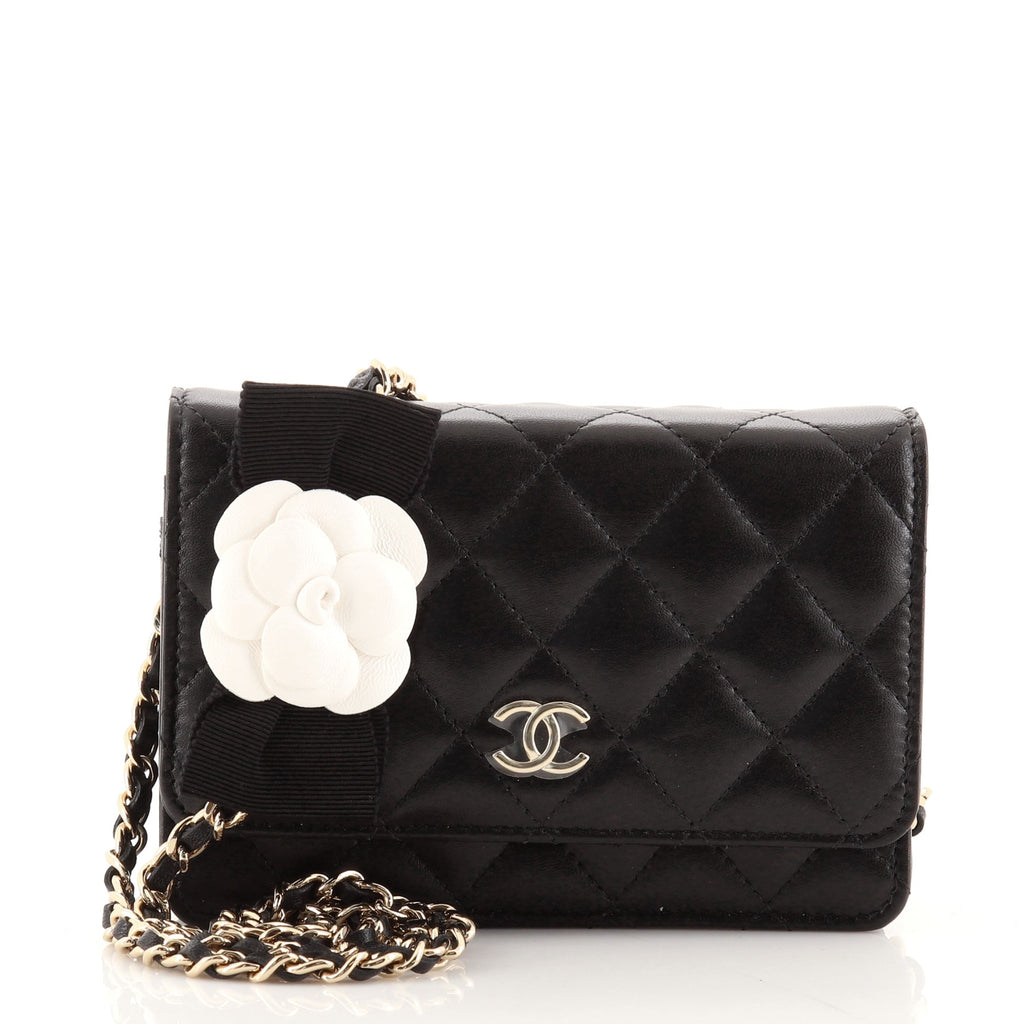 Chanel Camellia Bow Wallet on Chain Quilted Lambskin Mini Black 1147261