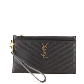 Saint Laurent Classic Monogram Zip Bill Pouch Matelasse Chevron Leather Large