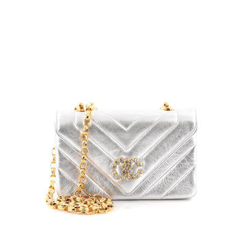 Chanel Vintage Crystal CC Flap Bag Chevron Leather Small