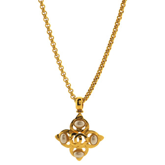 Chanel Vintage CC Cutout Cross Pendant Necklace Metal with Faux Pearls