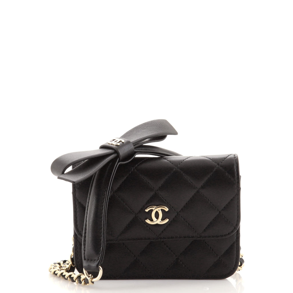 Chanel Bow Strap Card Holder on Chain Quilted Lambskin Black 1159221
