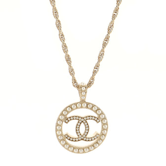 Chanel CC Round Pendant Necklace Metal with Faux Pearls