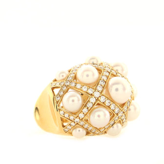 Chanel Perles Matelasse Ring 18K Yellow Gold with Cultured Pearls and Diamonds Large