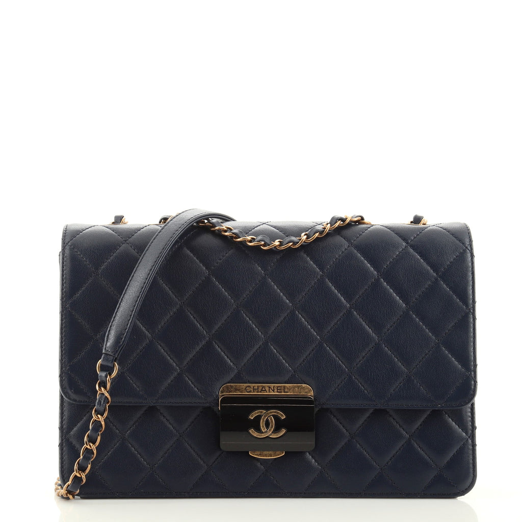 CHANEL Sheepskin Quilted Small Beauty Lock Shopping Tote Navy