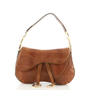Christian Dior Vintage Double Saddle Bag Lizard Embossed Leather