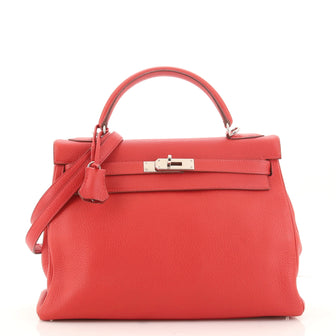 Hermes Kelly Handbag Red Clemence with Palladium Hardware 32