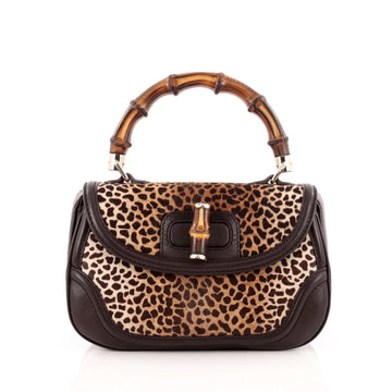 Gucci New Bamboo Convertible Top Handle Bag Printed Pony Hair Medium