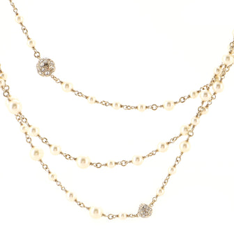 Chanel CC Triple Strand Necklace Metal with Faux Pearls and Crystals Long