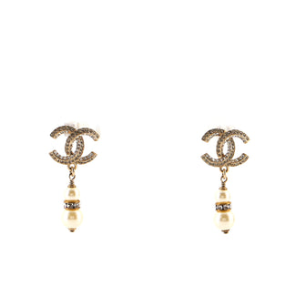 Chanel CC Double Pearl Drop Earrings Metal with Crystals and Faux Pearls