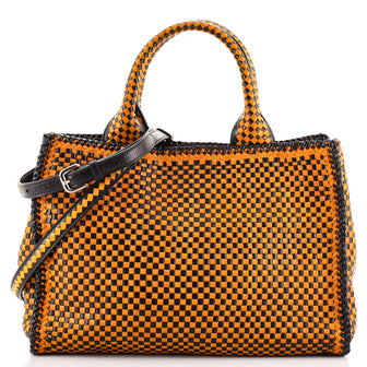 Prada Madras Convertible Open Tote Woven Leather Small