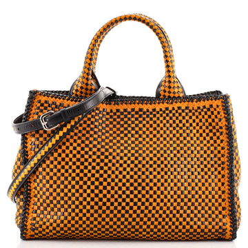 Prada Madras Convertible Open Tote Woven Leather Small