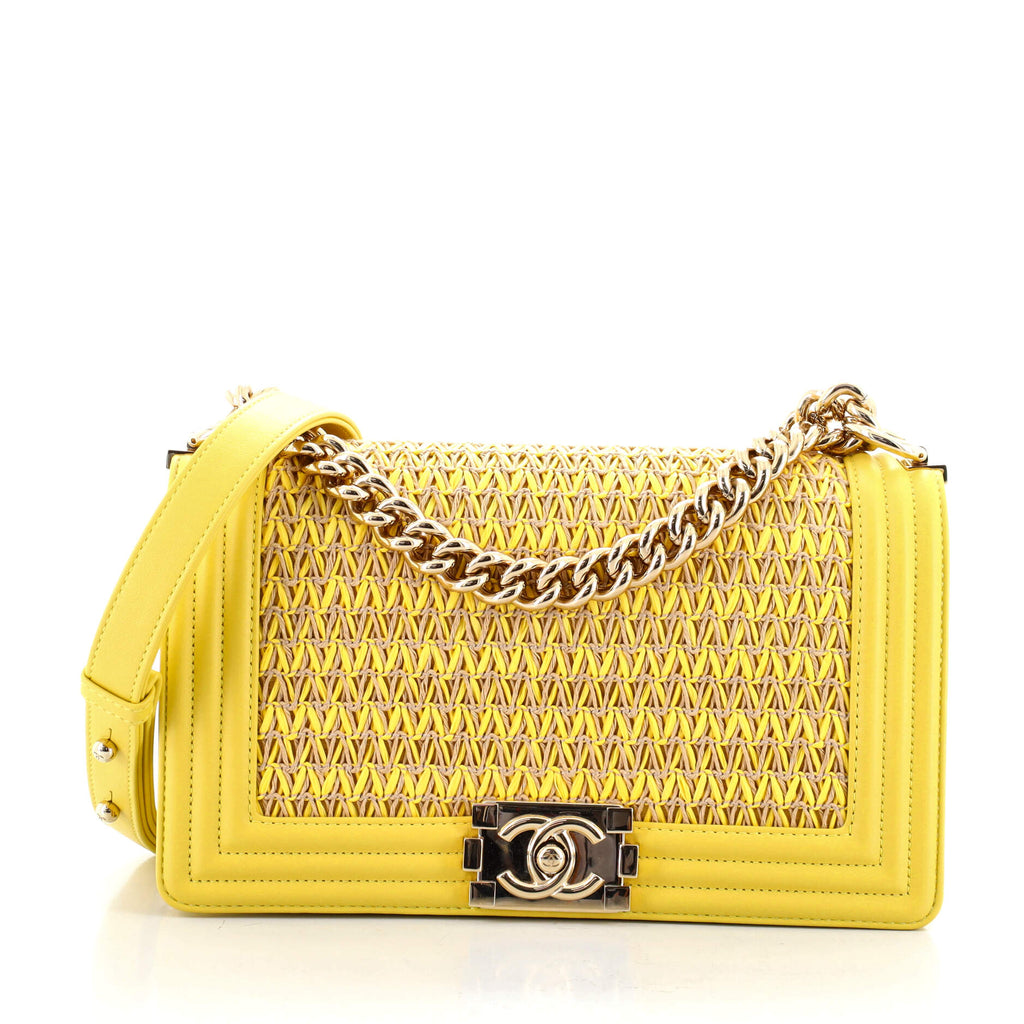 Chanel Boy Flap Bag Chevron Woven Raffia and Leather Old Medium Yellow  117032143
