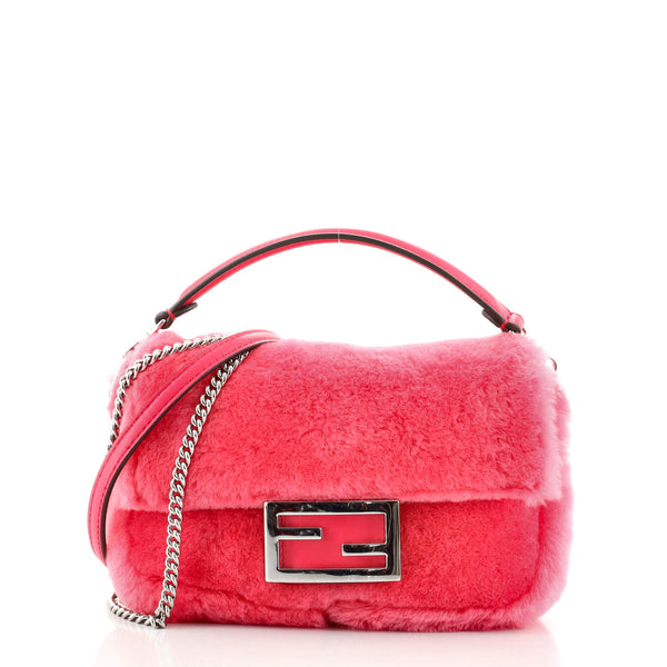 Fendi Micro Baguette Shearling Shoulder Bag in Pink