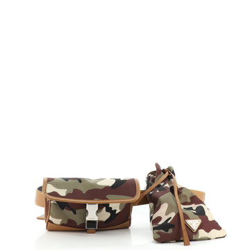 Prada Camouflage Buckle Flap and Drawstring Double Belt Bag Printed Tessuto and Saffiano Leather