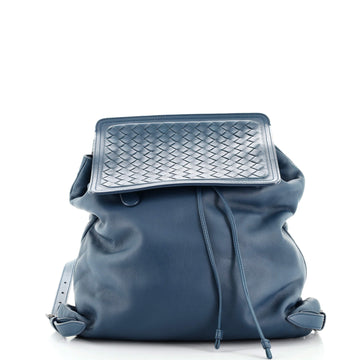 Bottega Veneta Drawstring Flap Front Zip Backpack Leather with Intrecciato