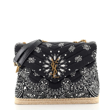 Saint Laurent LouLou Shoulder Bag Matelasse Chevron Printed Canvas with Woven Jute Medium