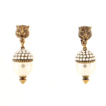 Gucci Feline Drop Earrings Metal and Faux Pearls