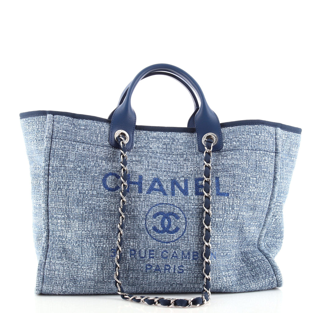 FWRD Renew Chanel Deauville Tweed Chain Tote Bag in Blue