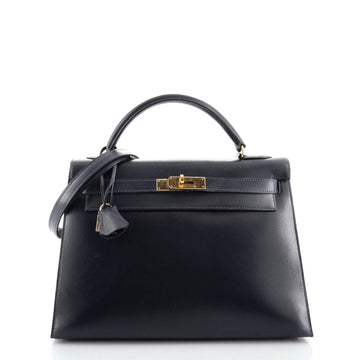 Hermes Kelly Handbag Blue Box Calf with Gold Hardware 32