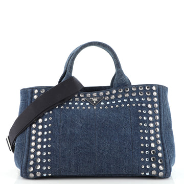 Prada Canapa Convertible Tote Rhinestone Embellished Denim Large