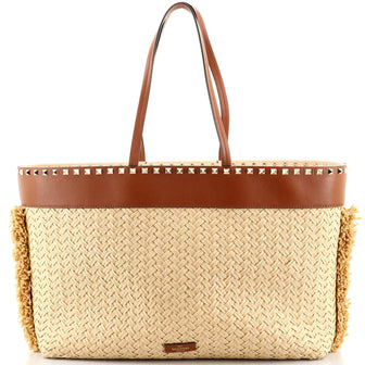 Valentino Rockstud Shopping Tote Raffia with Leather Large