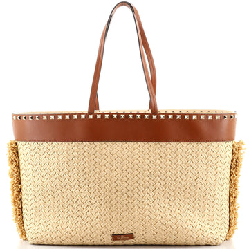Valentino Rockstud Shopping Tote Raffia with Leather Large