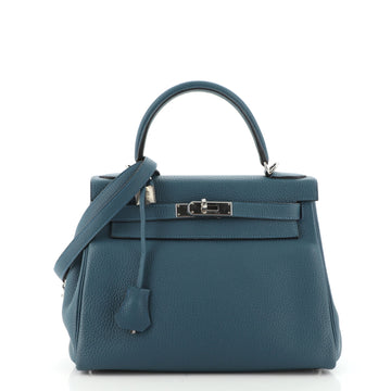Hermes Kelly Handbag Blue Clemence with Palladium Hardware 28