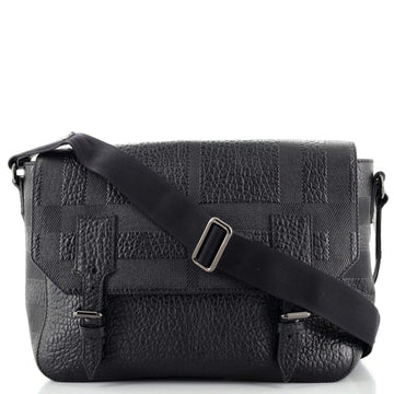 Burberry Double Buckle Messenger Bag Check Embossed Leather Medium