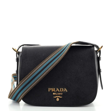 Prada Web Strap Flap Shoulder Bag Saffiano Leather Small