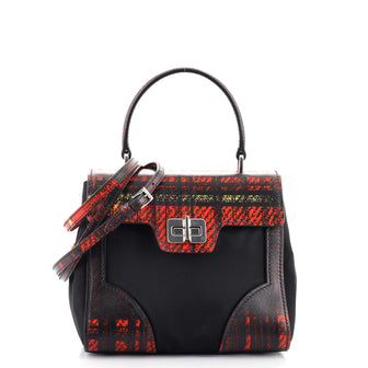 Prada Turn Lock Top Handle Bag Printed Saffiano Leather with Tessuto Small