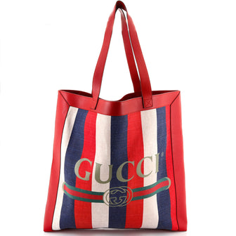 Gucci Logo Tote Striped Canvas and Leather Large