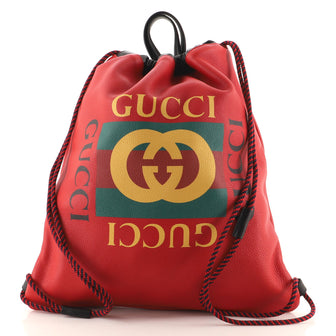 Gucci Logo Drawstring Backpack Printed Leather Large