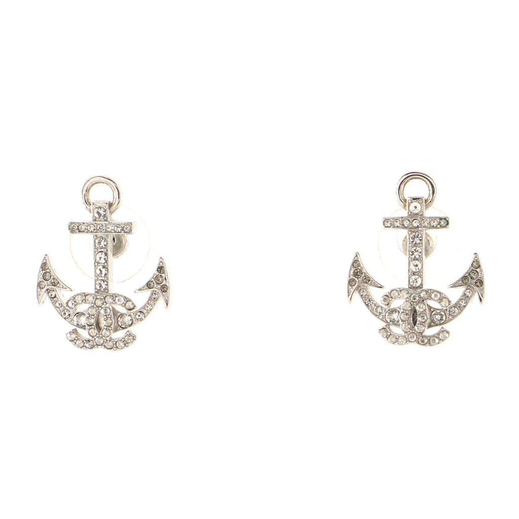 Chanel CC Anchor Stud Earrings Crystal Embellished Metal Silver 1176641