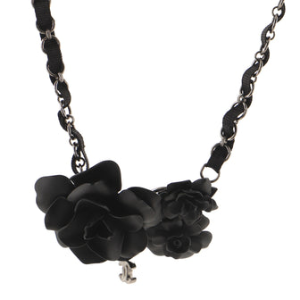 Chanel Triple Camellia Pendant Chain Necklace Plated Metal with Grosgrain and Metal