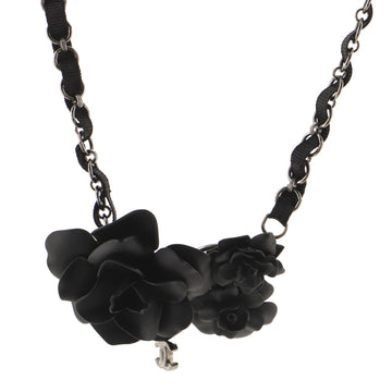Chanel Triple Camellia Pendant Chain Necklace Plated Metal with Grosgrain and Metal