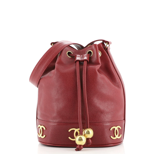 Chanel Red Leather Vintage CC Drawstring Bucket Bag Chanel
