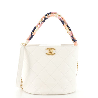 Chanel CC Chain Scarf Handle Bucket Bag Quilted Caviar with Silk Mini