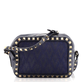 Valentino Rockstud Camera Crossbody Bag Jacquard Canvas with Leather