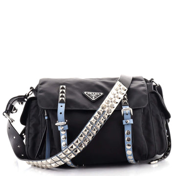 Prada New Vela Flap Messenger Bag Tessuto with Studded Leather Medium