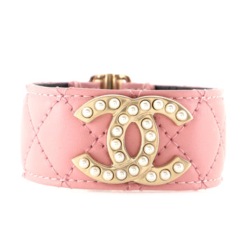 Chanel Giant CC Cuff Bracelet Quilted Leather with Metal and Faux Pearls