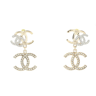 Chanel Triple CC Drop Earrings Crystal and Faux Pearl Embellished Metal