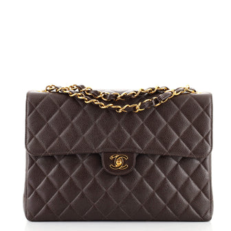 Chanel Vintage Square Classic Single Flap Bag Quilted Caviar Jumbo