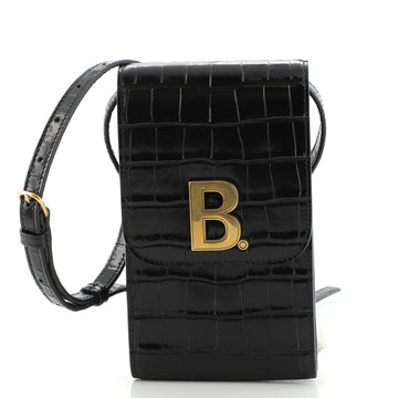 Balenciaga B. Crossbody Phone Holder Crocodile Embossed Leather