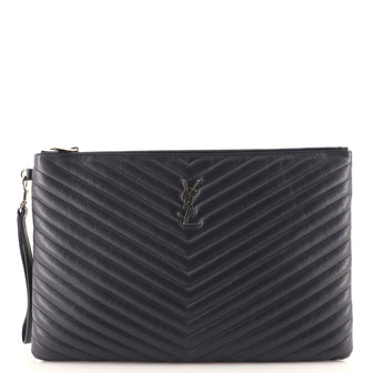Saint Laurent Classic Monogram Wristlet Pouch Matelasse Chevron Leather Large