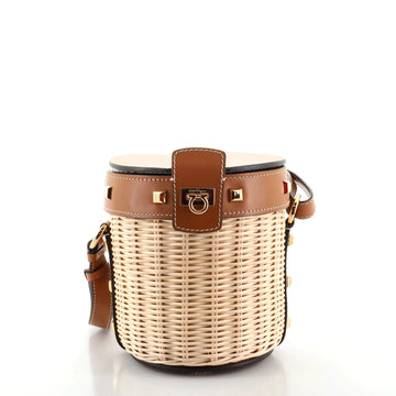 Salvatore Ferragamo Gancini Drawstring Bucket Bag Wicker with Studded Leather Small