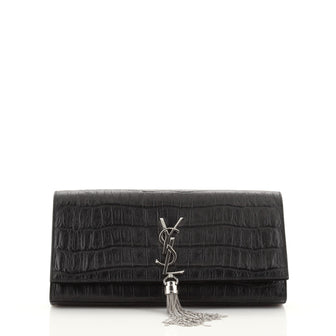 Saint Laurent Classic Monogram Tassel Clutch Crocodile Embossed Leather Long