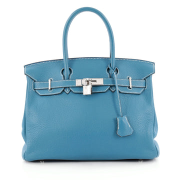 Hermes Birkin Handbag Blue Clemence with Palladium Hardware 30