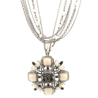 Chanel CC Cross Multistrand Pendant Necklace Metal with Faux Pearls and Gripoix